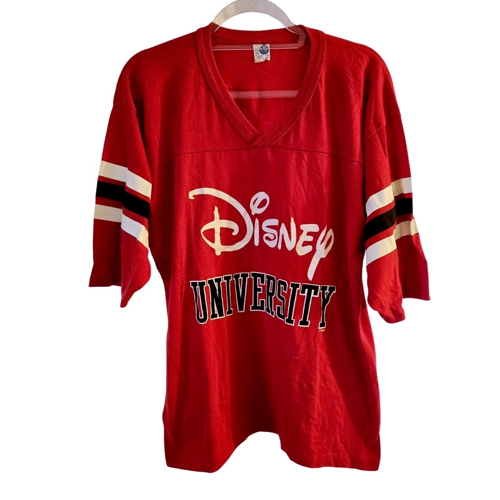 Vintage Disney University Artex‎ Jersey Shirt Red Striped Sleeve V-Neck Medium